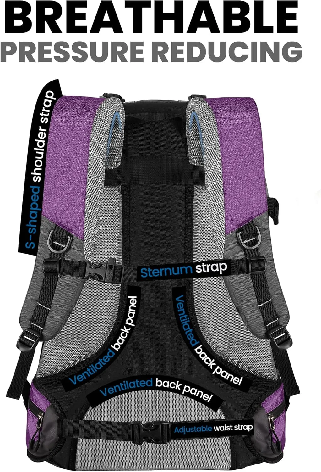 50L Hiking Backpack with High Strength Aluminum Support, Lightweight Travel Daypack with Rain Cover, Waterproof Camping Bag for Men Women -Purple