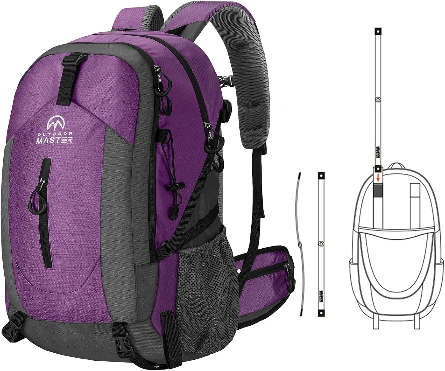 50L Hiking Backpack with High Strength Aluminum Support, Lightweight Travel Daypack with Rain Cover, Waterproof Camping Bag for Men Women -Purple