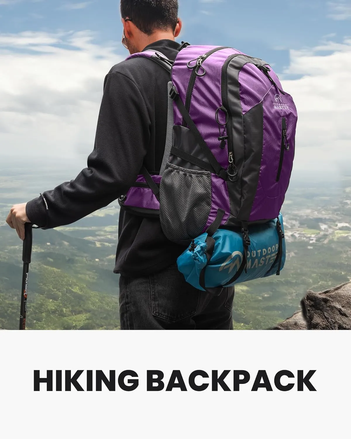 50L Hiking Backpack with High Strength Aluminum Support, Lightweight Travel Daypack with Rain Cover, Waterproof Camping Bag for Men Women -Purple
