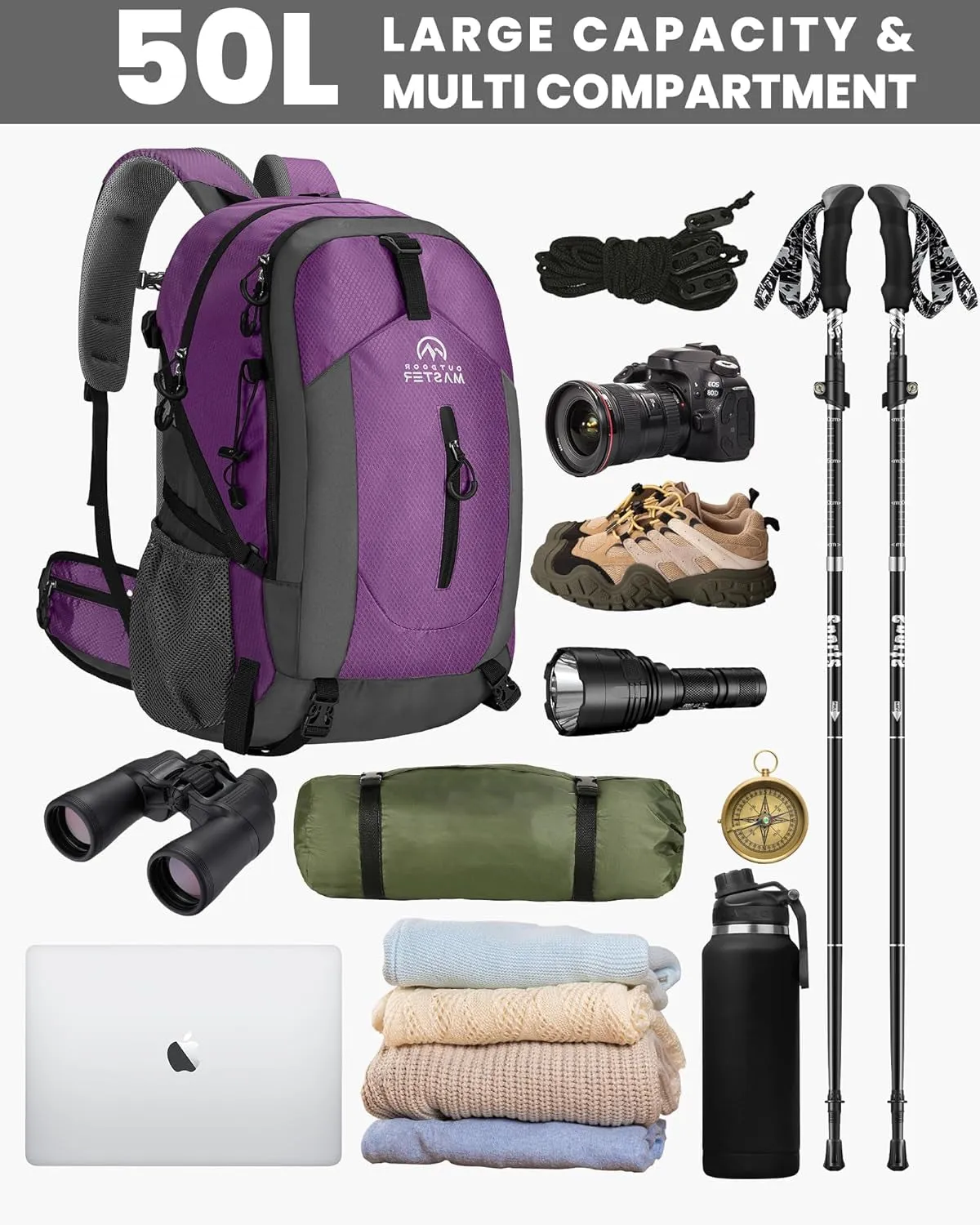 50L Hiking Backpack with High Strength Aluminum Support, Lightweight Travel Daypack with Rain Cover, Waterproof Camping Bag for Men Women -Purple