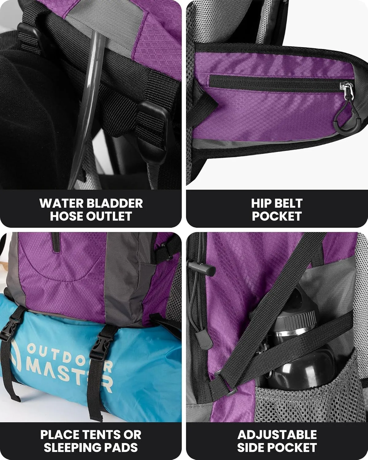 50L Hiking Backpack with High Strength Aluminum Support, Lightweight Travel Daypack with Rain Cover, Waterproof Camping Bag for Men Women -Purple