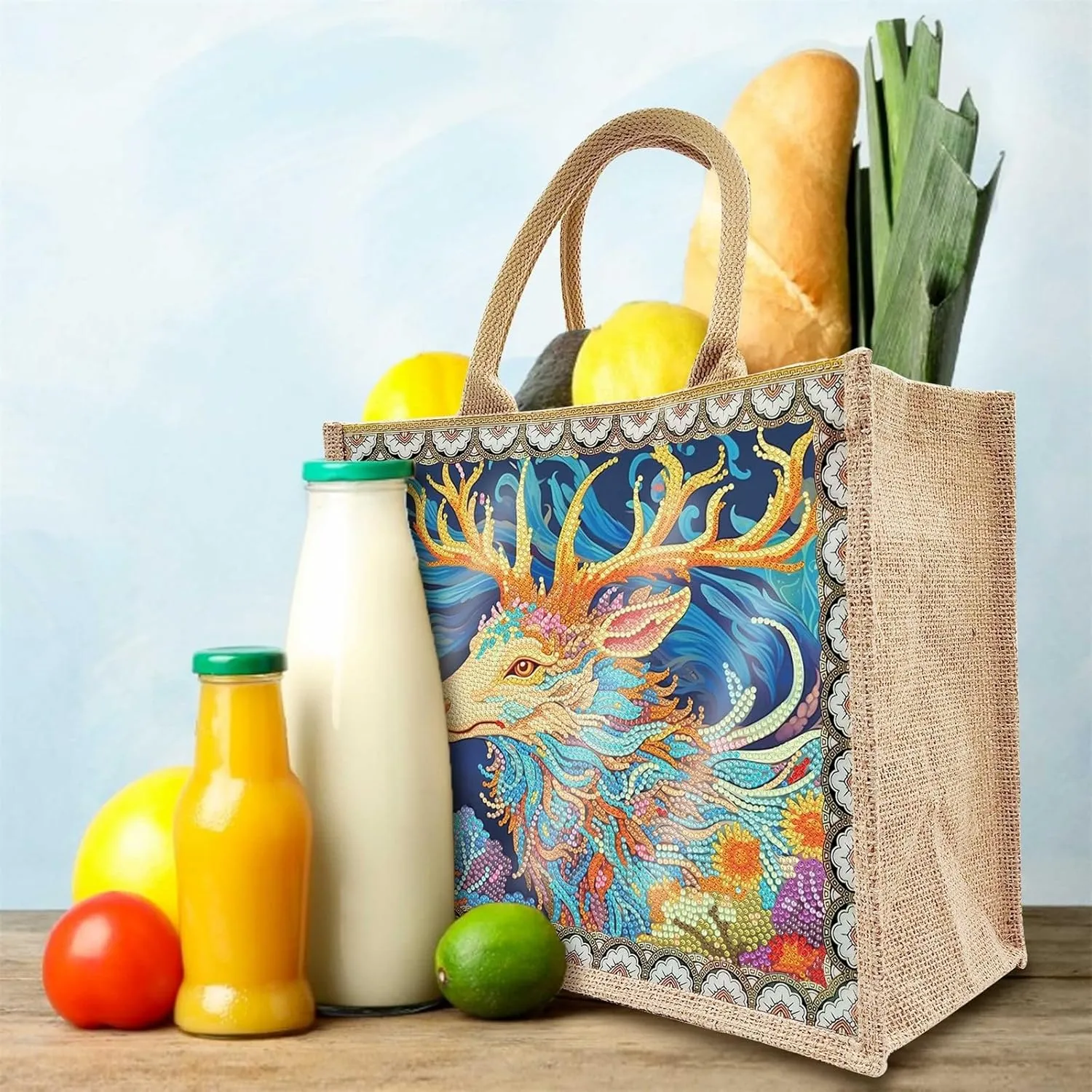 5D Art Painting Tote Bag Kit, DIY 5D Art Painting Handbag Kits, Diamond Art Bag for Home Organizer (Single Side Dot Diamond)