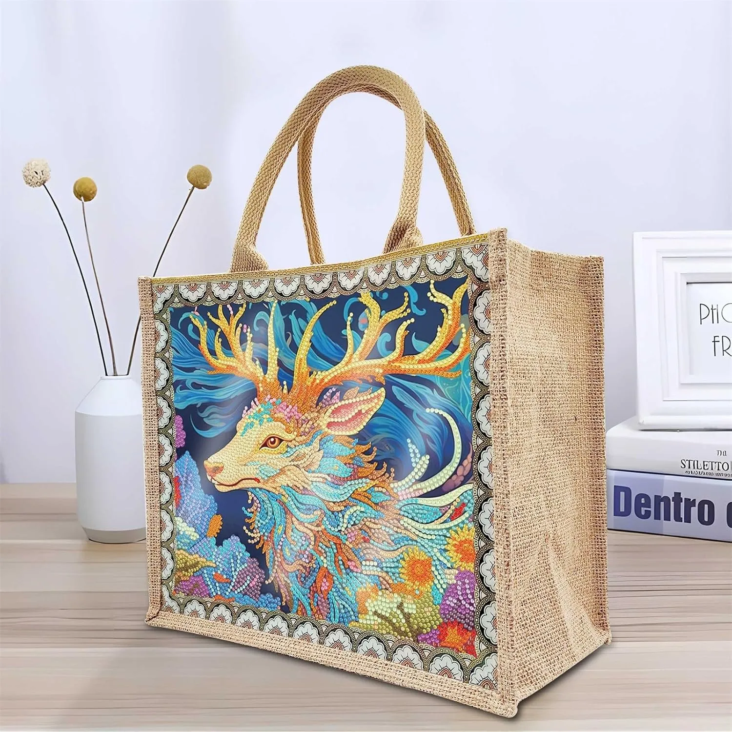 5D Art Painting Tote Bag Kit, DIY 5D Art Painting Handbag Kits, Diamond Art Bag for Home Organizer (Single Side Dot Diamond)