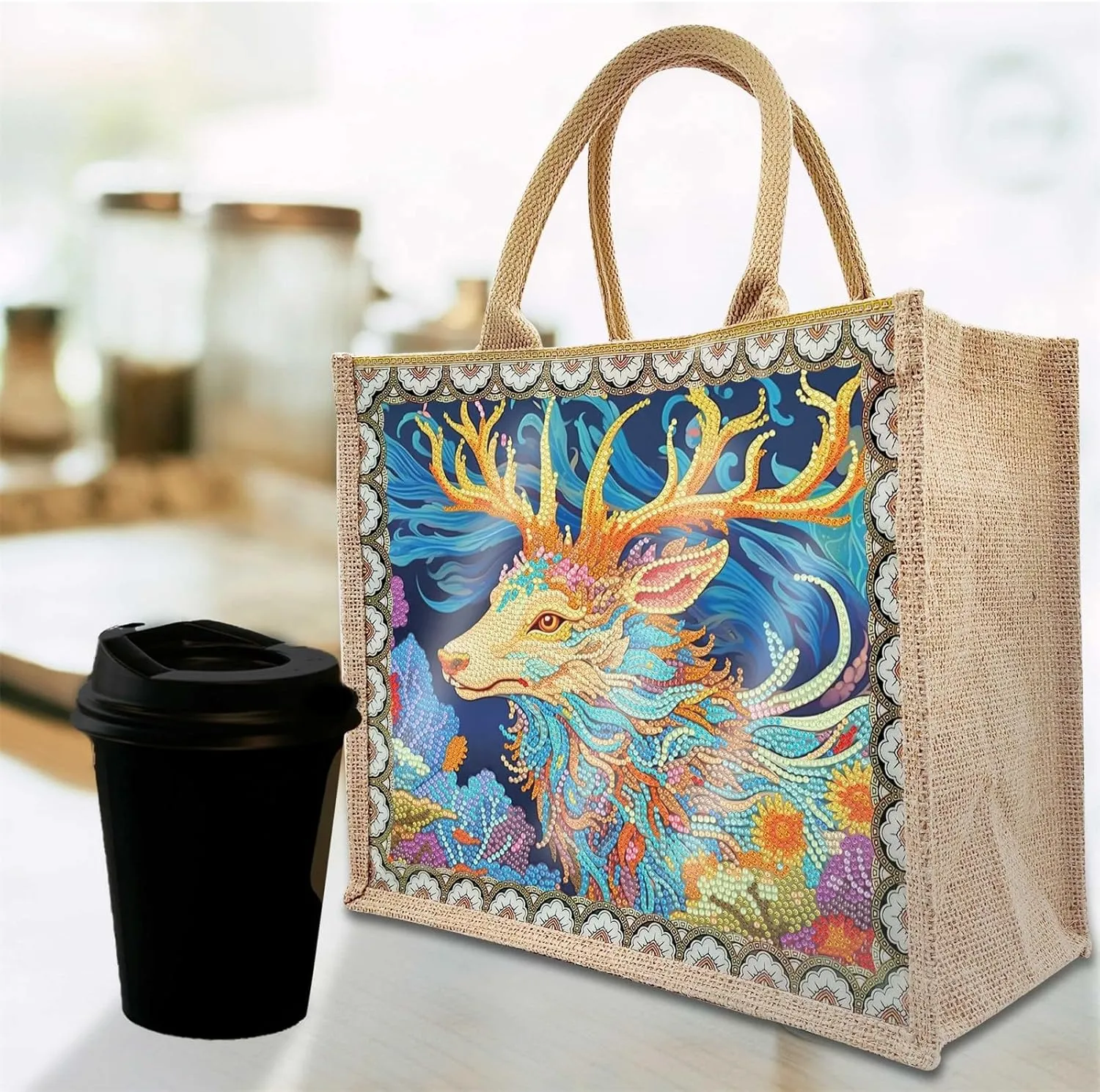 5D Art Painting Tote Bag Kit, DIY 5D Art Painting Handbag Kits, Diamond Art Bag for Home Organizer (Single Side Dot Diamond)