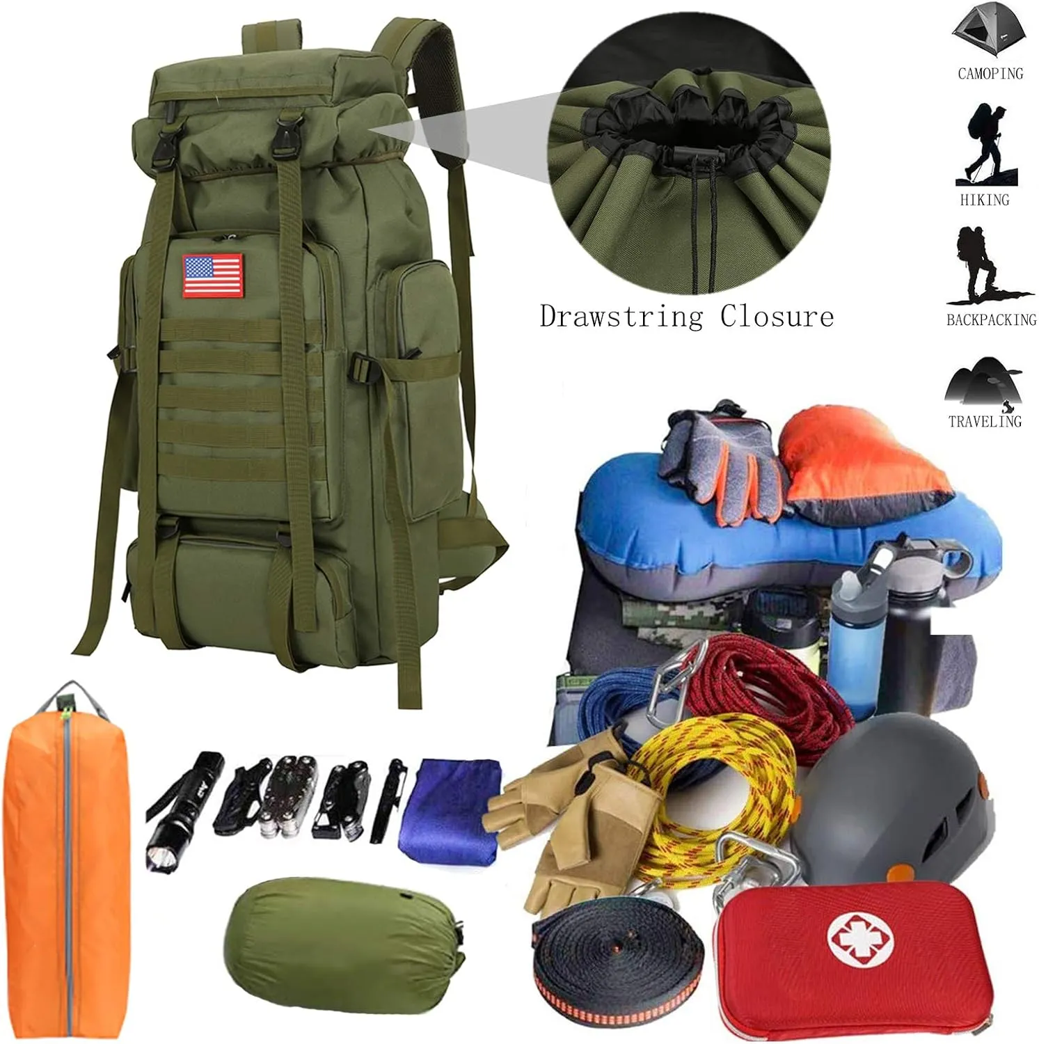 70l Hiking Backpack for Men Waterproof Military Camping Rucksack Travel Daypack