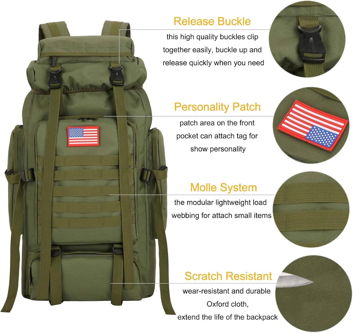 70l Hiking Backpack for Men Waterproof Military Camping Rucksack Travel Daypack