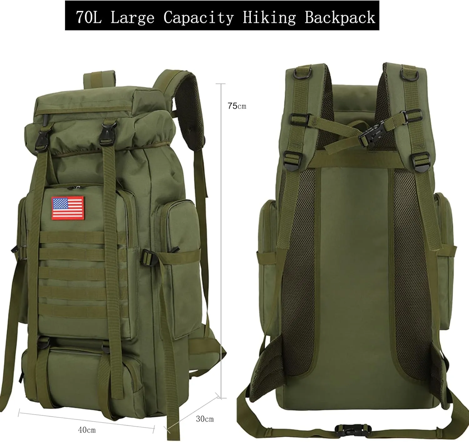 70l Hiking Backpack for Men Waterproof Military Camping Rucksack Travel Daypack