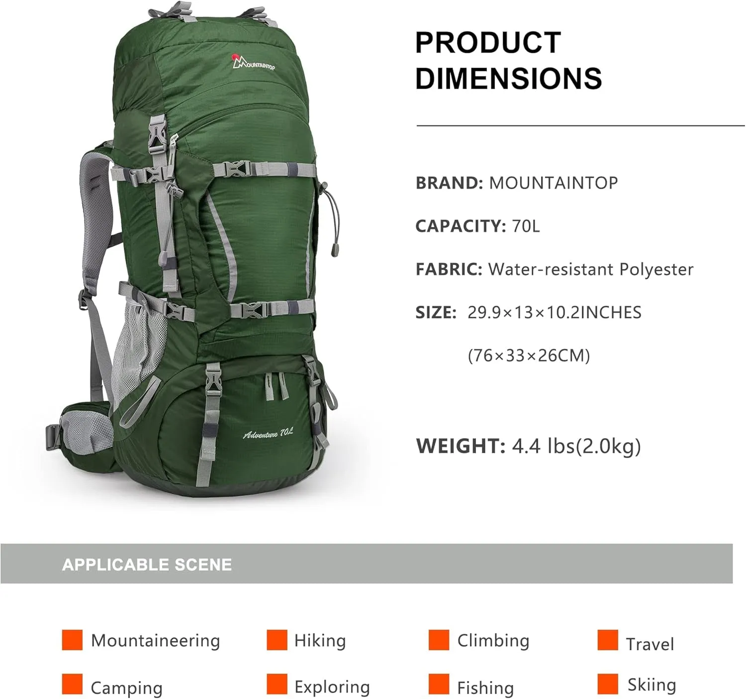 70L Internal Frame Backpack Camping Backpacking Hiking Backpack for Men Women with Rain Cover