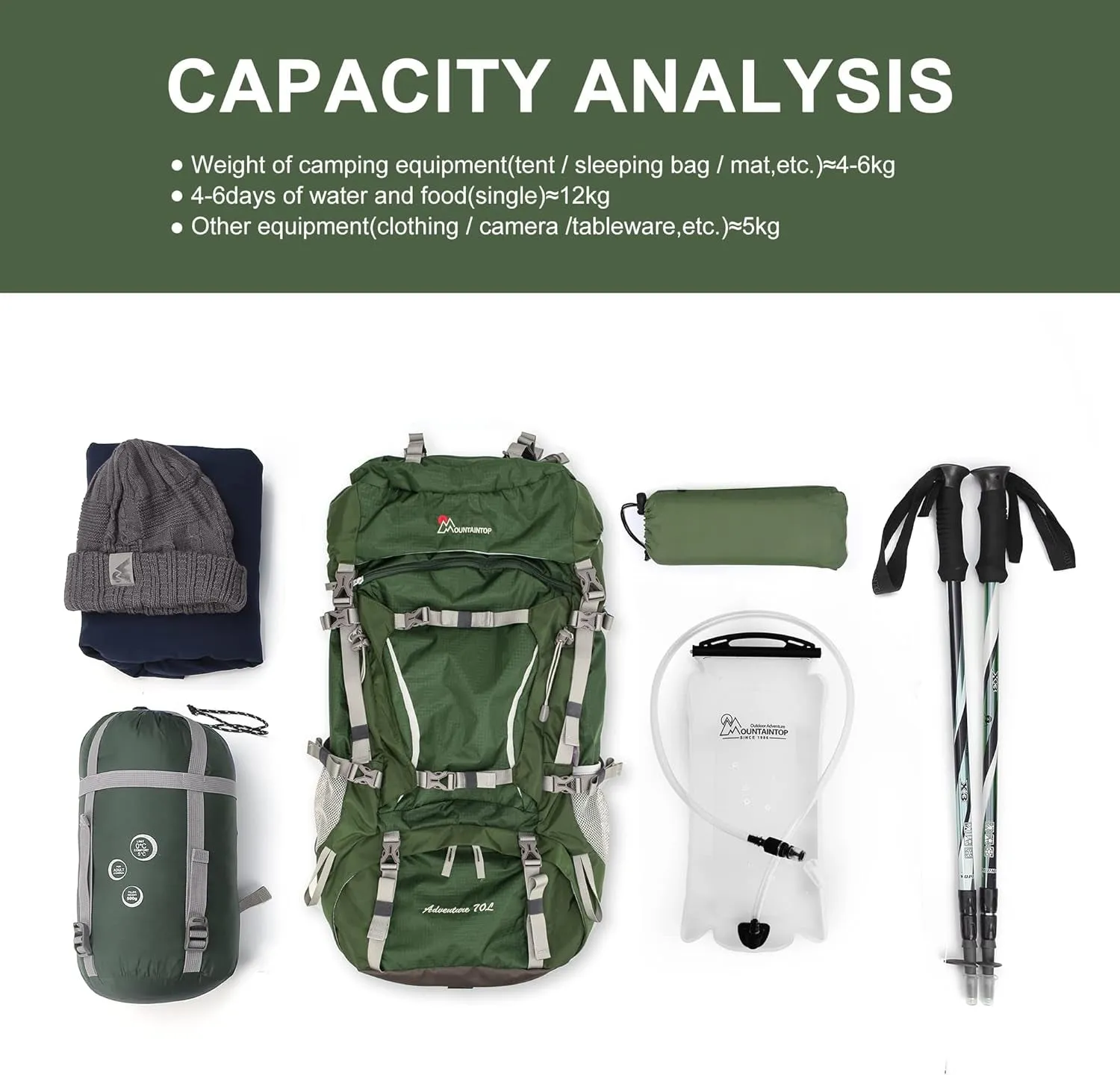 70L Internal Frame Backpack Camping Backpacking Hiking Backpack for Men Women with Rain Cover