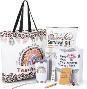 8 Pcs Teacher Appreciation Gifts of All Things 20 oz Teacher Tumbler Canva Tote Bag for Women Keychain Socks Notebook Birthday Retirement End of the Year Thank You Gifts(Rainbow Style)