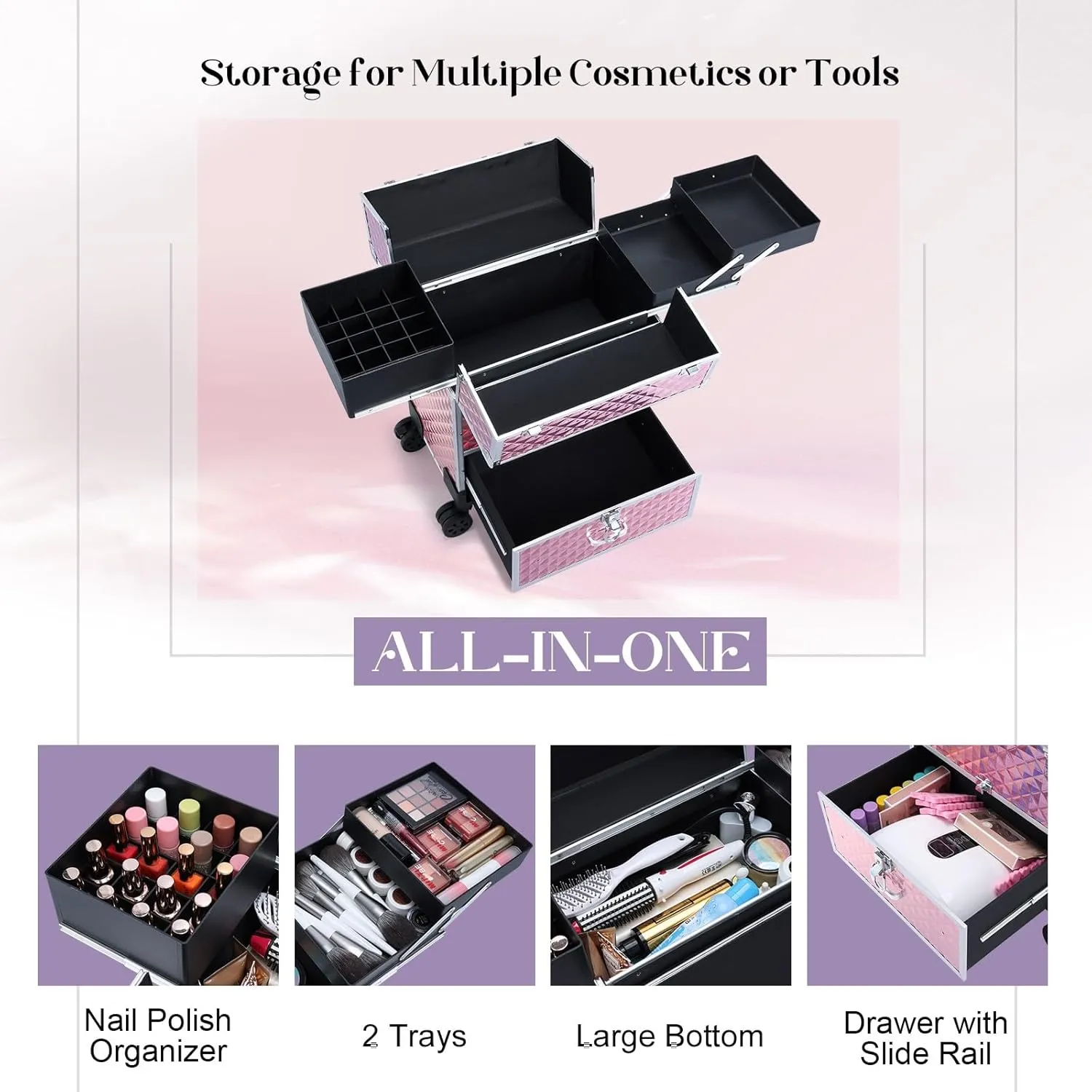 Adazzo Rolling Nail Case Wheeled Manicure Storage Case Polish Organizer Professional Makeup Trolley for Studio or Travelling Nail Technician Artists Cosmetologist Stylist
