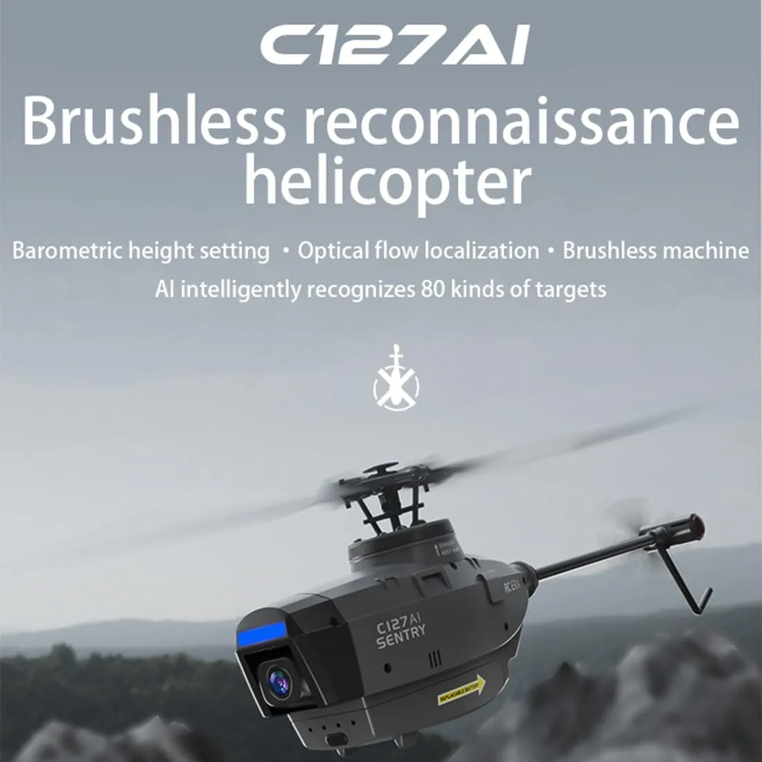 Aetheria C127AI RC Helicopter with 1080P Camera 2.4G 4CH Single-Rotor Brushless Helicopter Model Without Aileron, Remote Control Aircraft with 6-Axis Gyro, Optical Flow Positioning