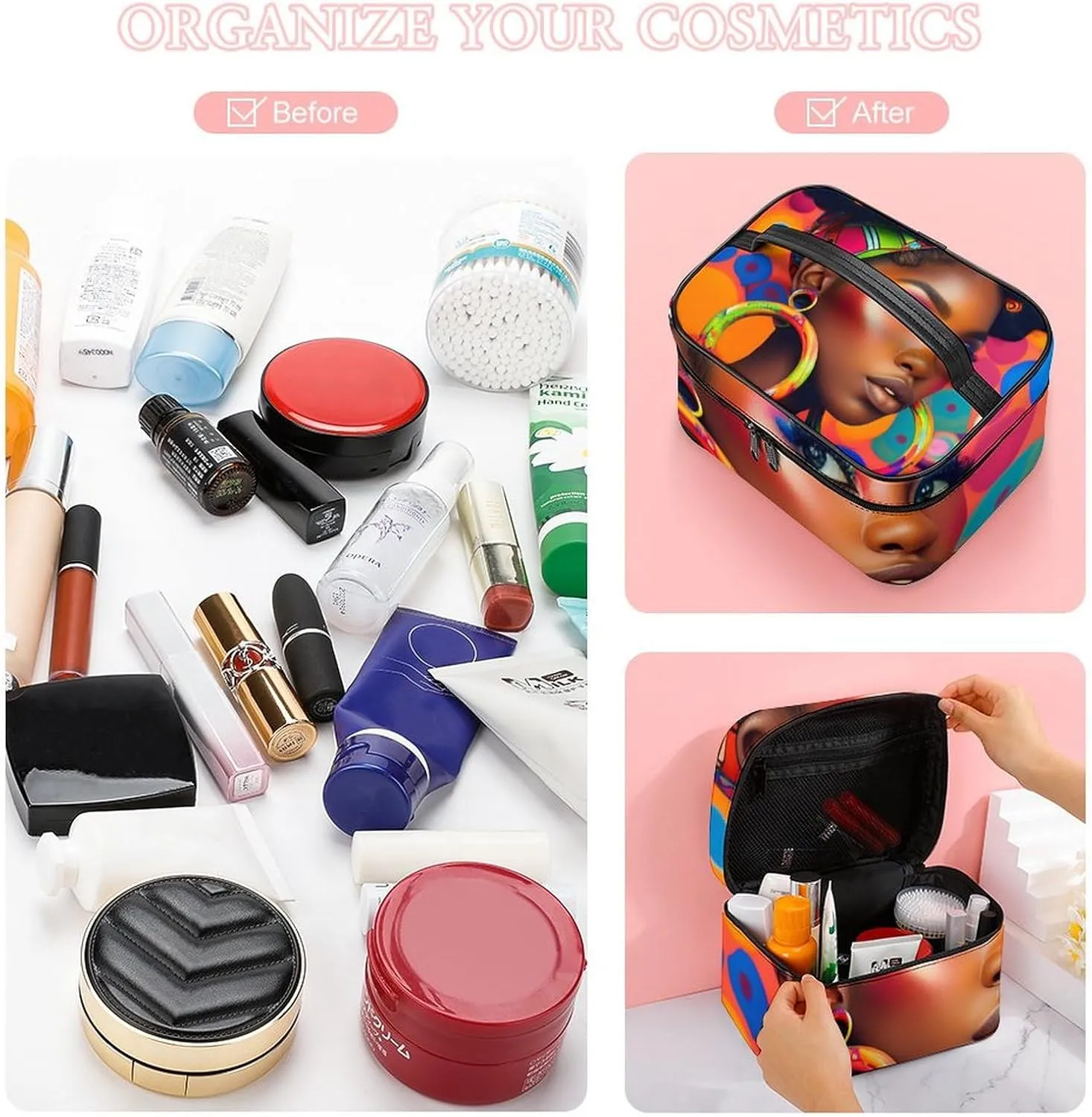 African American Black Girl Women Art Colorful Large Capacity Portable Makeup Bag And Wash Bag