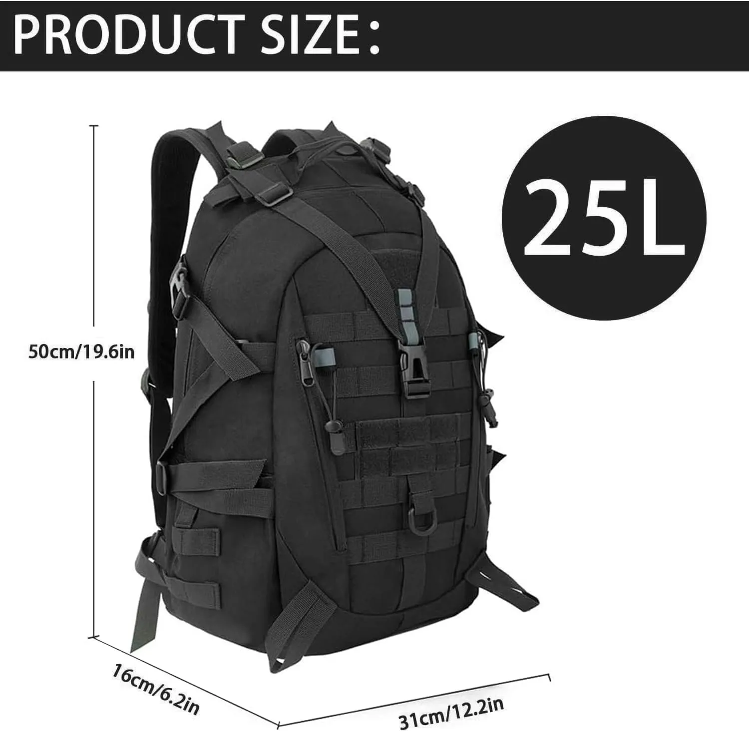 aiGear Tactical Backpack for Men, 25L Military Backpack, 3-Day Bug Out Bag for Camping Hiking Hunting with Molle System Army Daypack (25L Black)