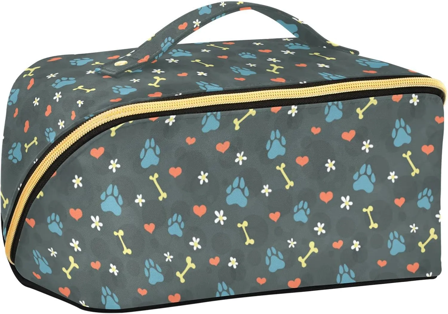 ALAZA Heart Dogs Paw and Floral Makeup Bag Travel Cosmetic Bag Portable Zipper Cosmetic Pouch with Handle and Divider for Women Collage Dorm Business Trip
