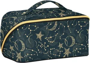 ALAZA Zodiac Sign Moon Star Makeup Bag Travel Cosmetic Bag Portable Zipper Cosmetic Pouch with Handle and Divider for Women Collage Dorm Business Trip
