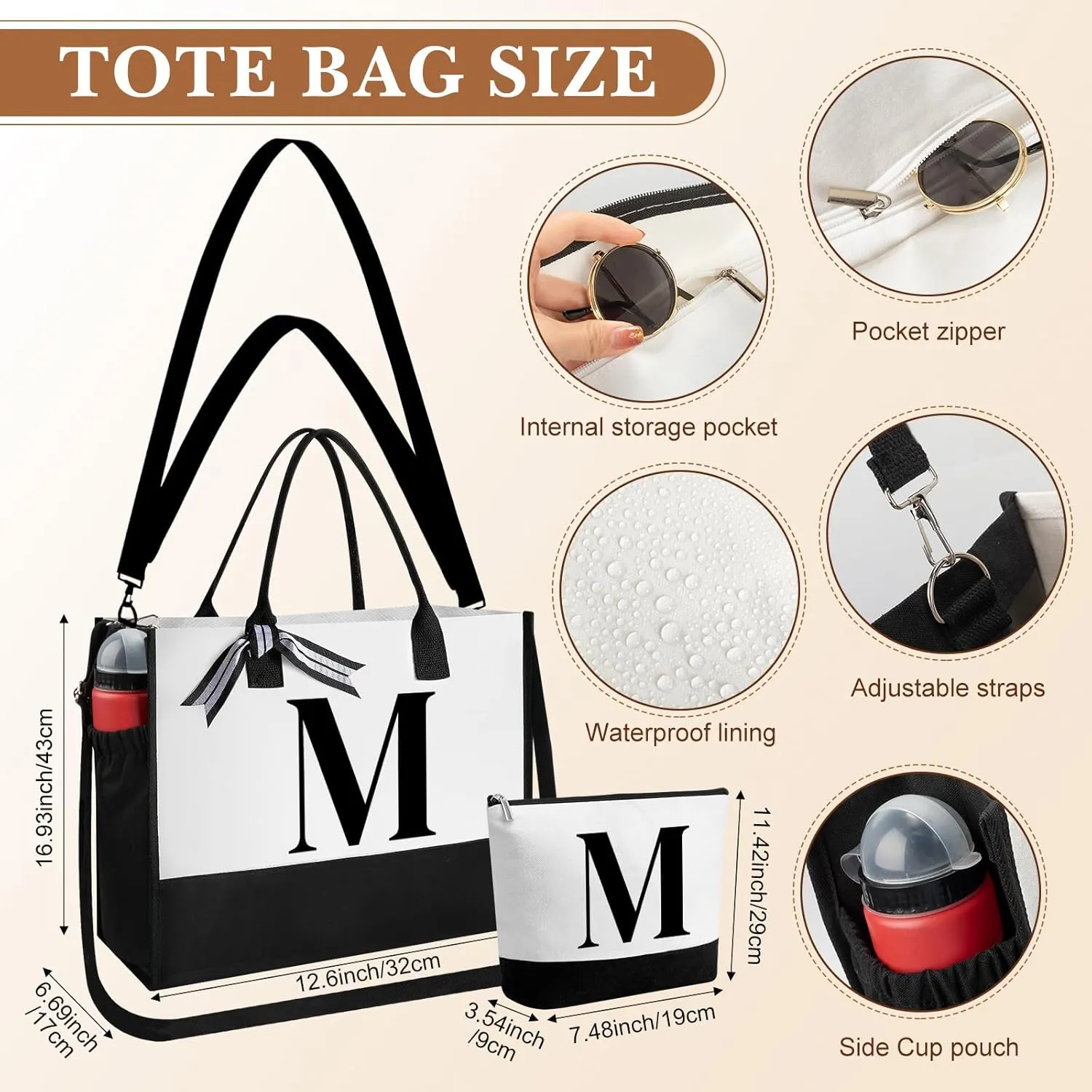 Aliceset Initial Gifts for Women Canvas Tote Bag Mother's Day Gift Shoulder Strap Pouch Makeup Bag Glass Cups for Employee(Letter M)