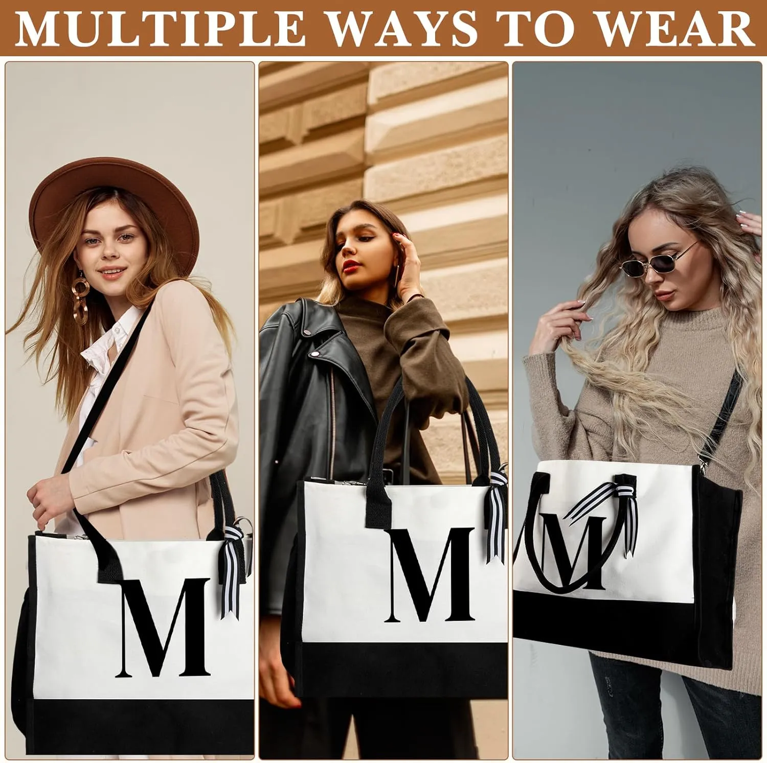 Aliceset Initial Gifts for Women Canvas Tote Bag Mother's Day Gift Shoulder Strap Pouch Makeup Bag Glass Cups for Employee(Letter M)
