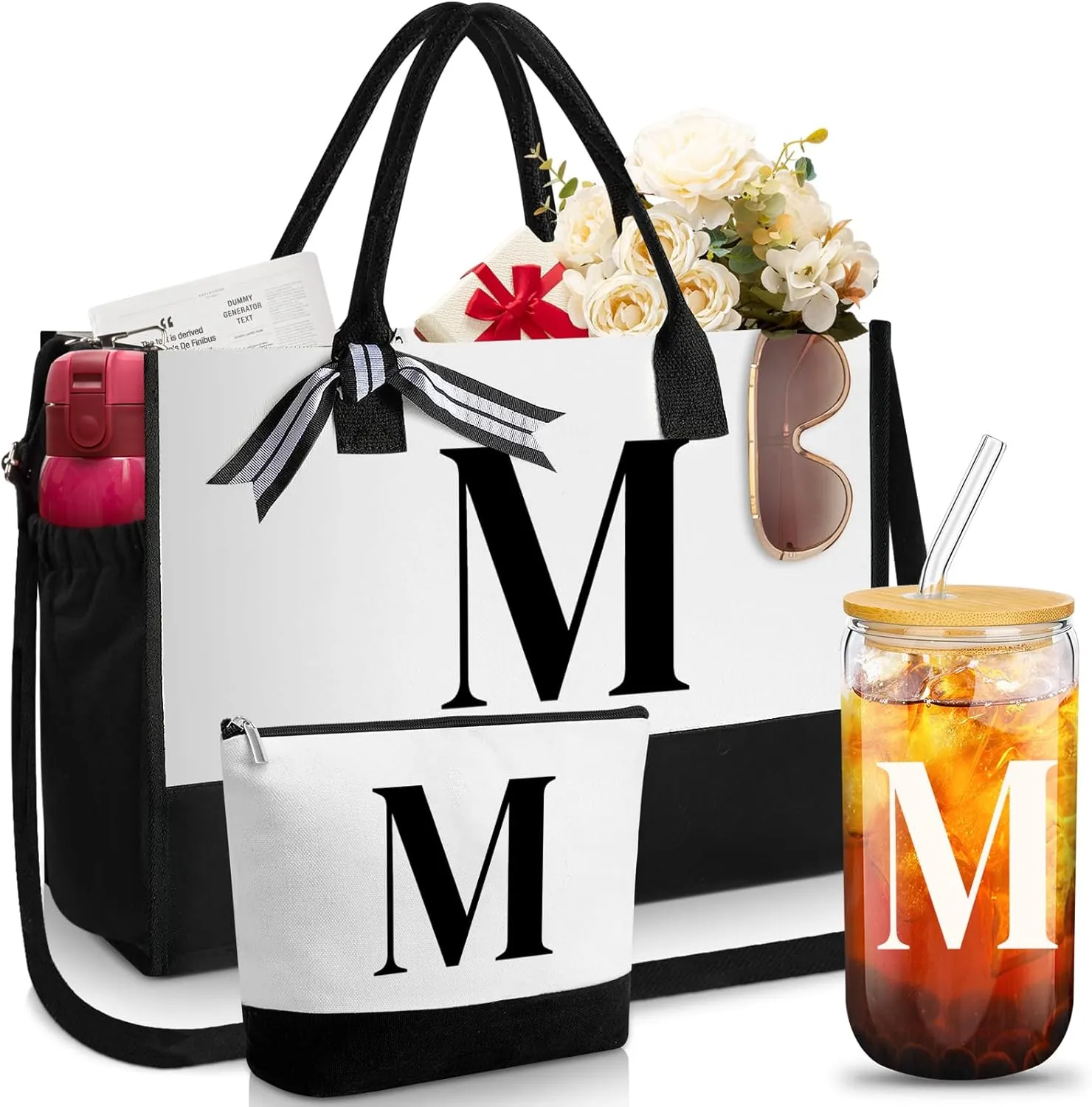 Aliceset Initial Gifts for Women Canvas Tote Bag Mother's Day Gift Shoulder Strap Pouch Makeup Bag Glass Cups for Employee(Letter M)