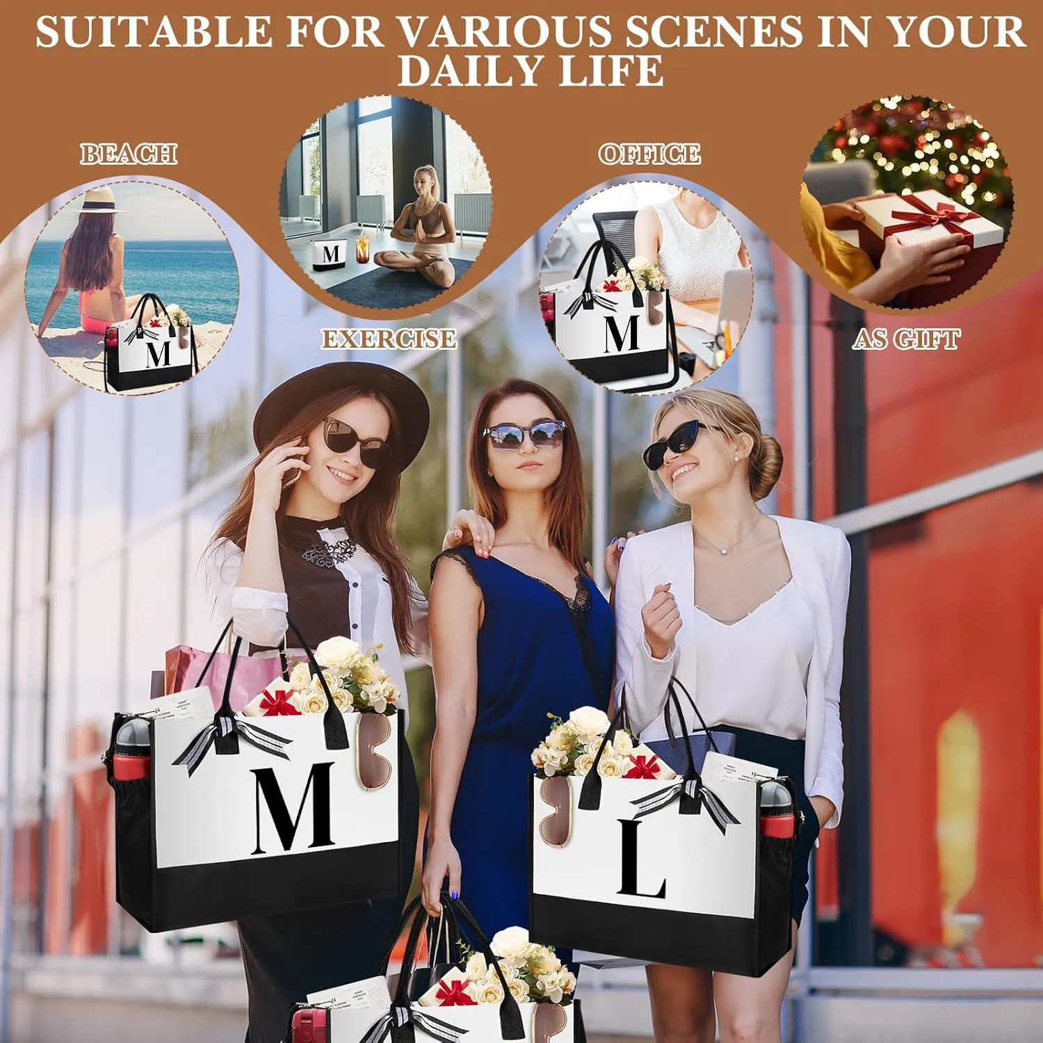 Aliceset Initial Gifts for Women Canvas Tote Bag Mother's Day Gift Shoulder Strap Pouch Makeup Bag Glass Cups for Employee(Letter M)