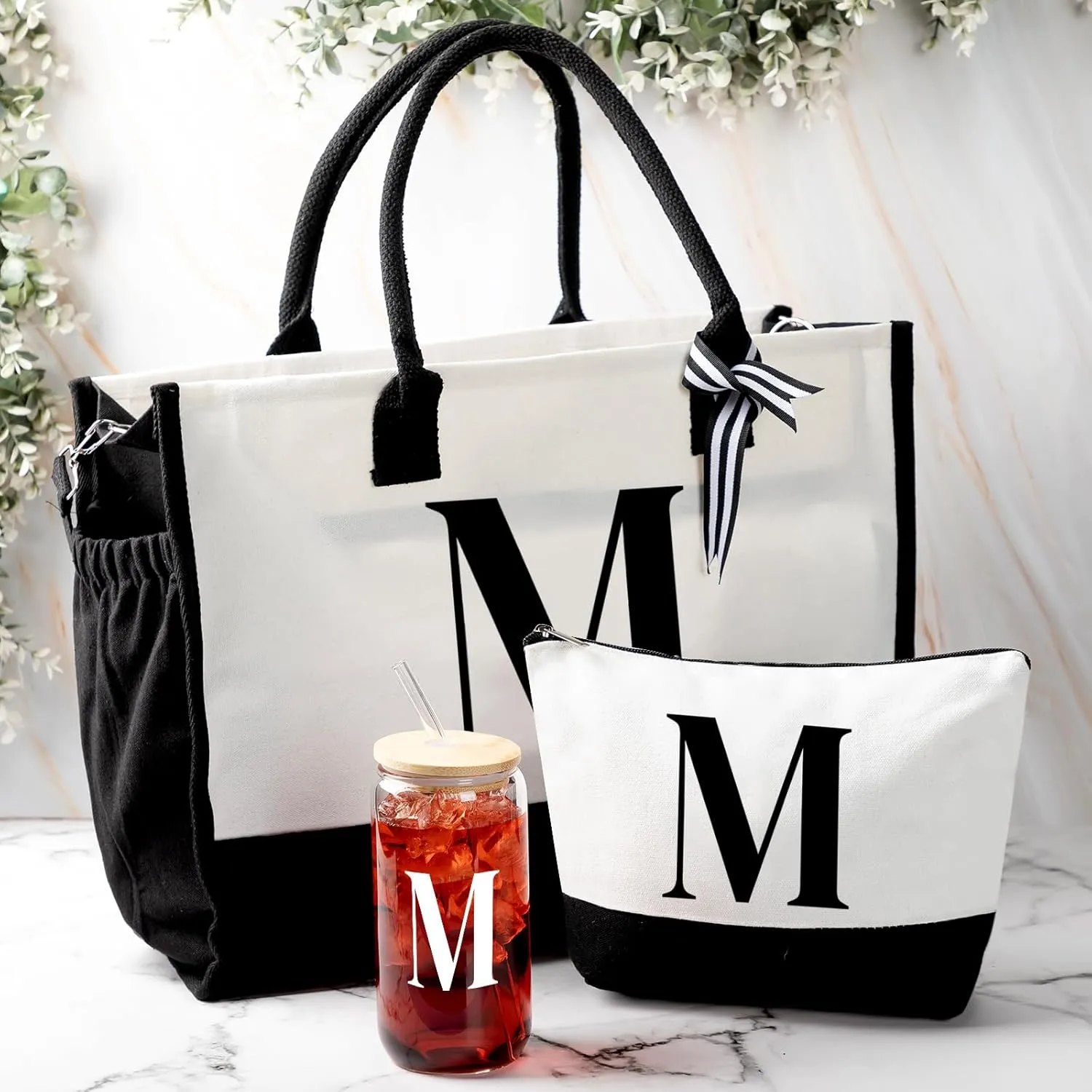 Aliceset Initial Gifts for Women Canvas Tote Bag Mother's Day Gift Shoulder Strap Pouch Makeup Bag Glass Cups for Employee(Letter M)