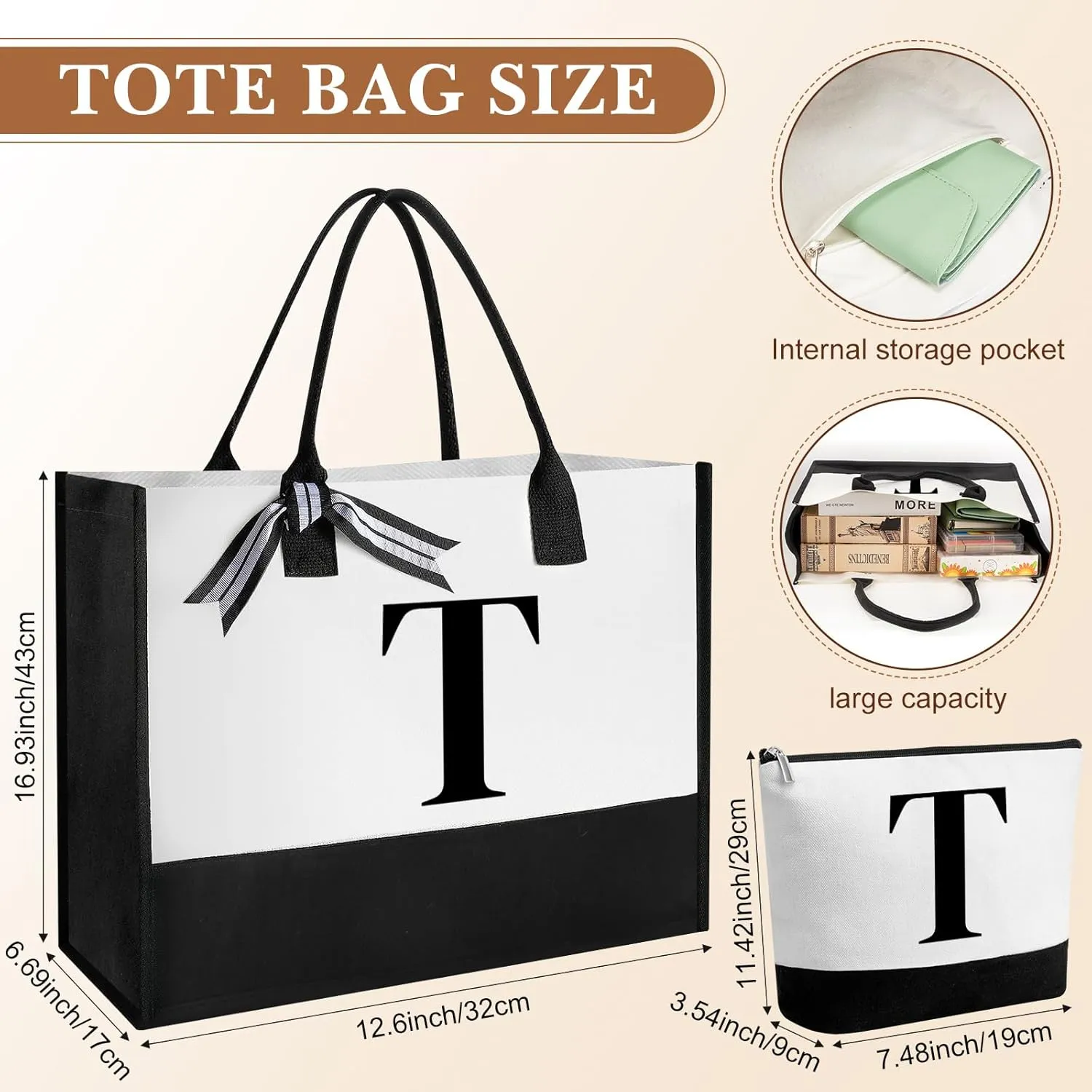 Aliceset Initial Gifts for Women Monogram Canvas Tote Bag and Makeup with Zipper and Initial Glass Coffee Cup Gifts for Her