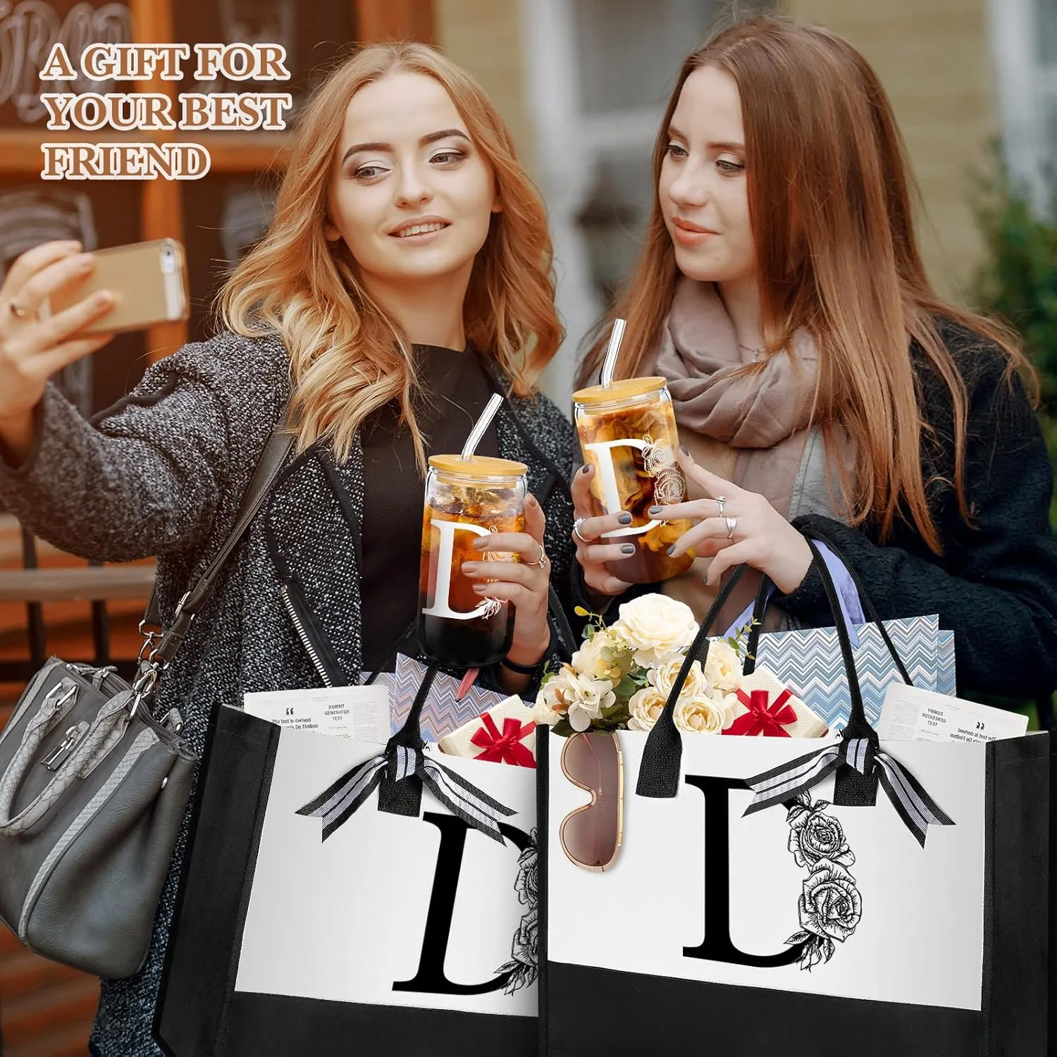 Aliceset Initial Gifts for Women Monogram Canvas Tote Bag and Makeup with Zipper and Initial Glass Coffee Cup Gifts for Her