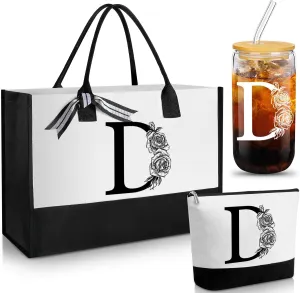 Aliceset Initial Gifts for Women Monogram Canvas Tote Bag and Makeup with Zipper and Initial Glass Coffee Cup Gifts for Her