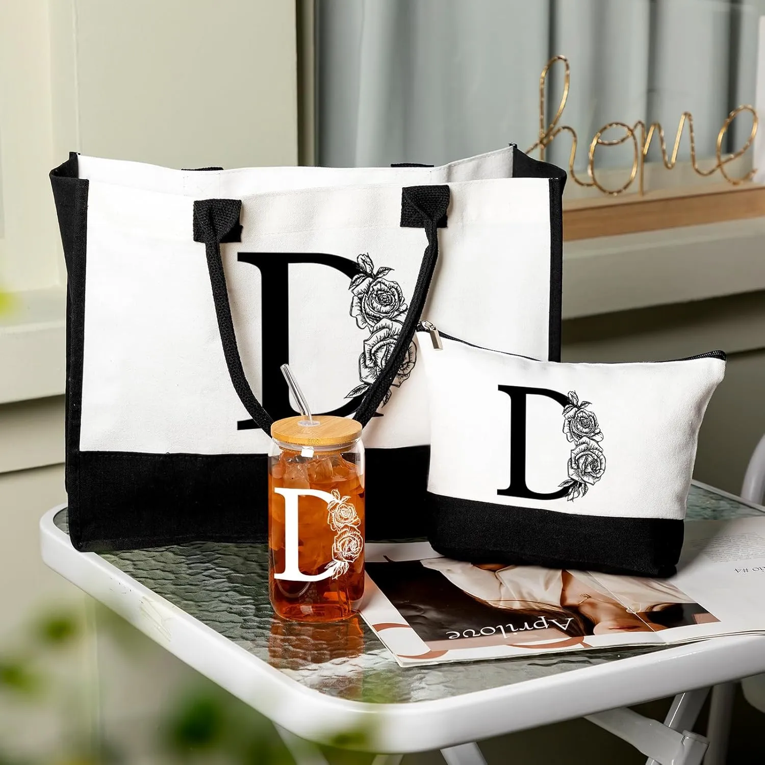 Aliceset Initial Gifts for Women Monogram Canvas Tote Bag and Makeup with Zipper and Initial Glass Coffee Cup Gifts for Her