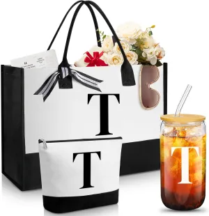 Aliceset Initial Gifts for Women Monogram Canvas Tote Bag and Makeup with Zipper and Initial Glass Coffee Cup Gifts for Her