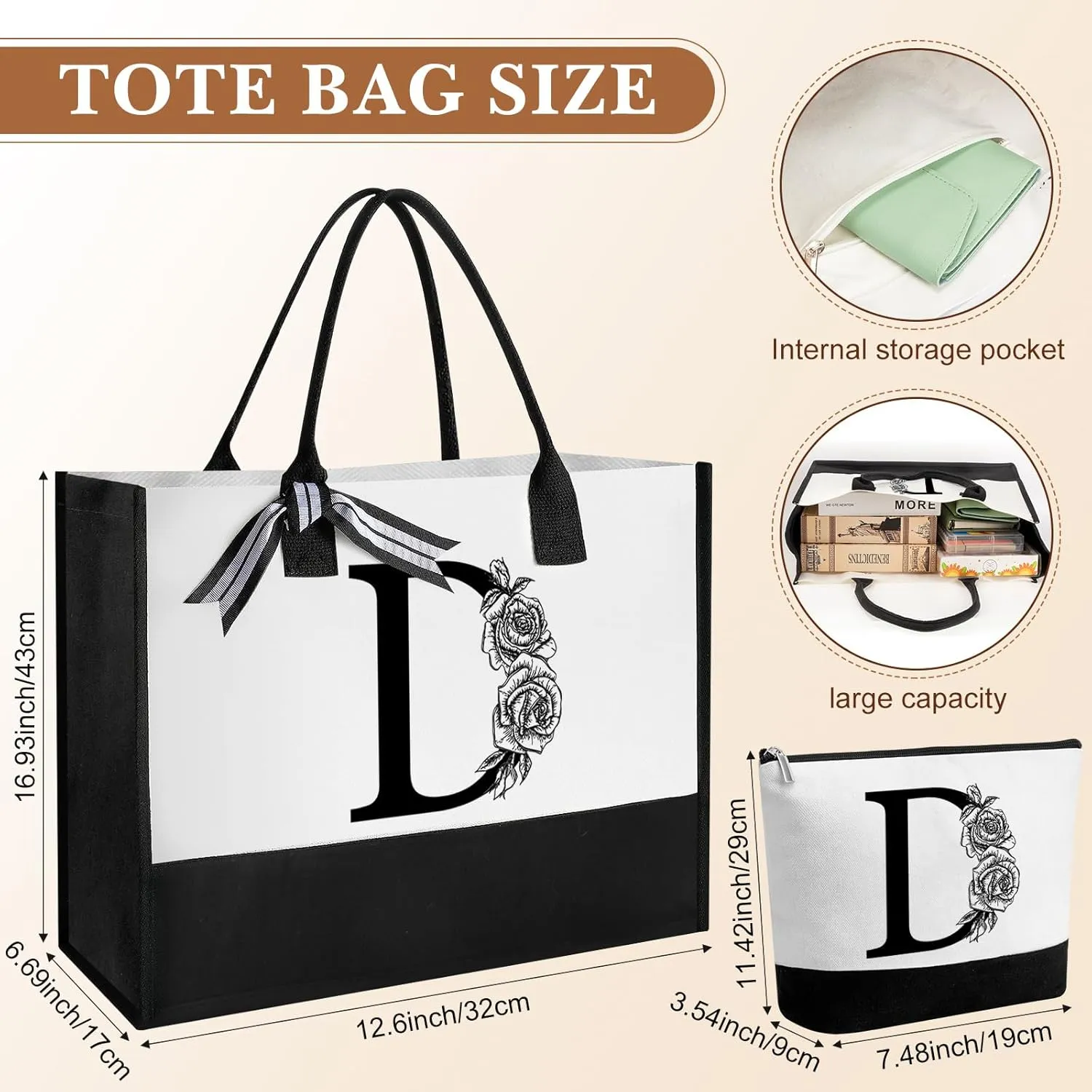 Aliceset Initial Gifts for Women Monogram Canvas Tote Bag and Makeup with Zipper and Initial Glass Coffee Cup Gifts for Her