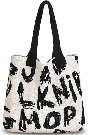 Alphabet Pattern Woven Canvas Beach Tote Bag