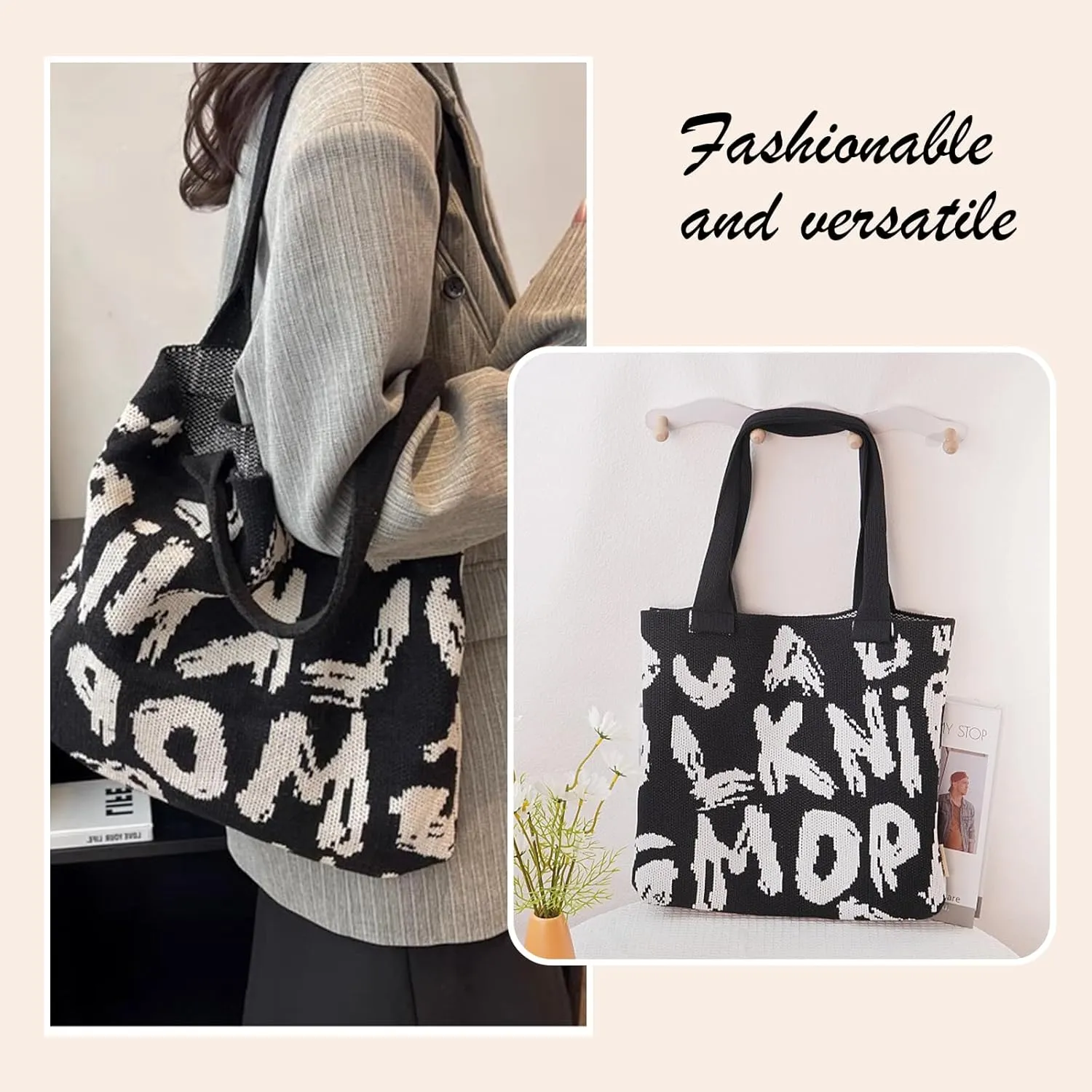 Alphabet Pattern Woven Canvas Beach Tote Bag