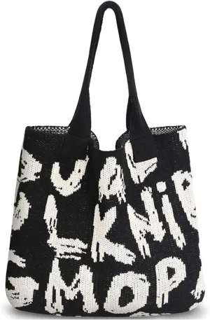 Alphabet Pattern Woven Canvas Beach Tote Bag