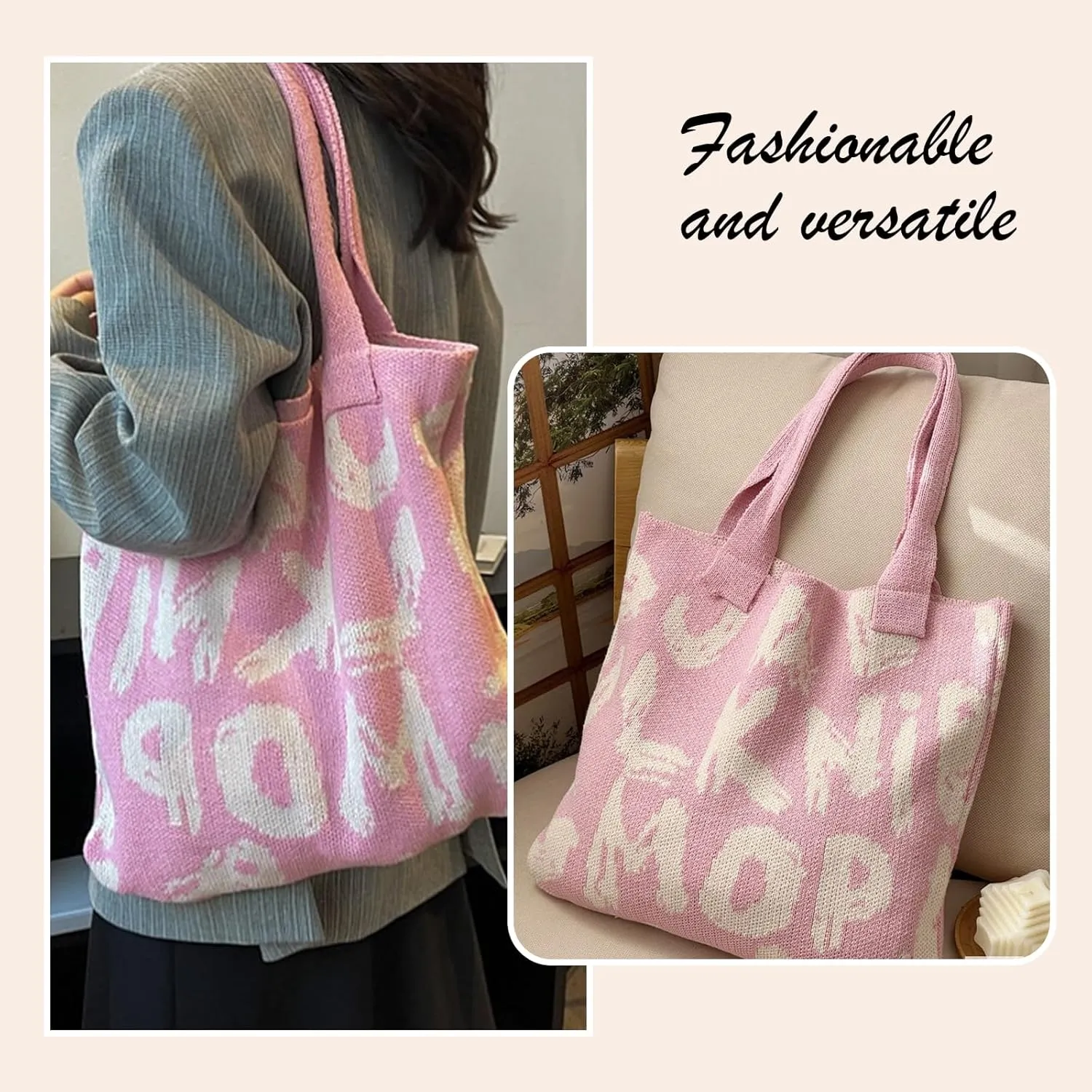 Alphabet Pattern Woven Canvas Beach Tote Bag