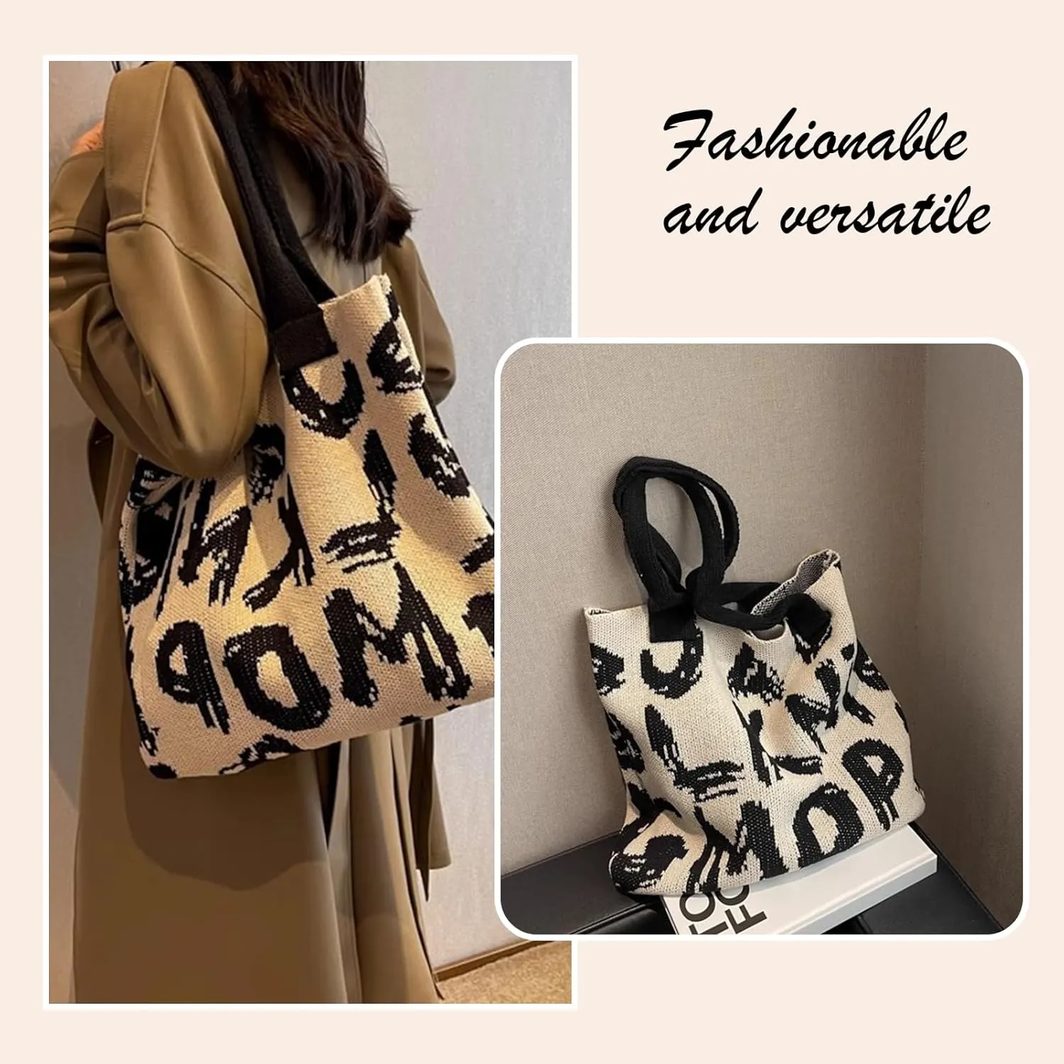 Alphabet Pattern Woven Canvas Beach Tote Bag