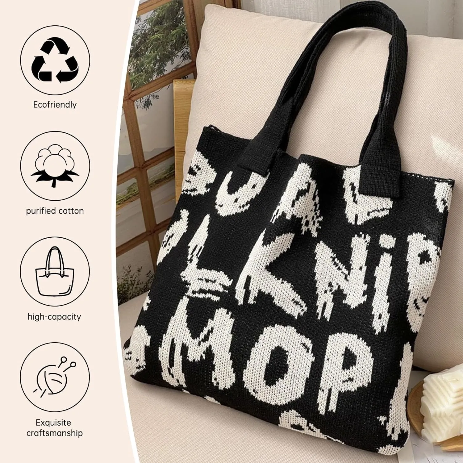 Alphabet Pattern Woven Canvas Beach Tote Bag