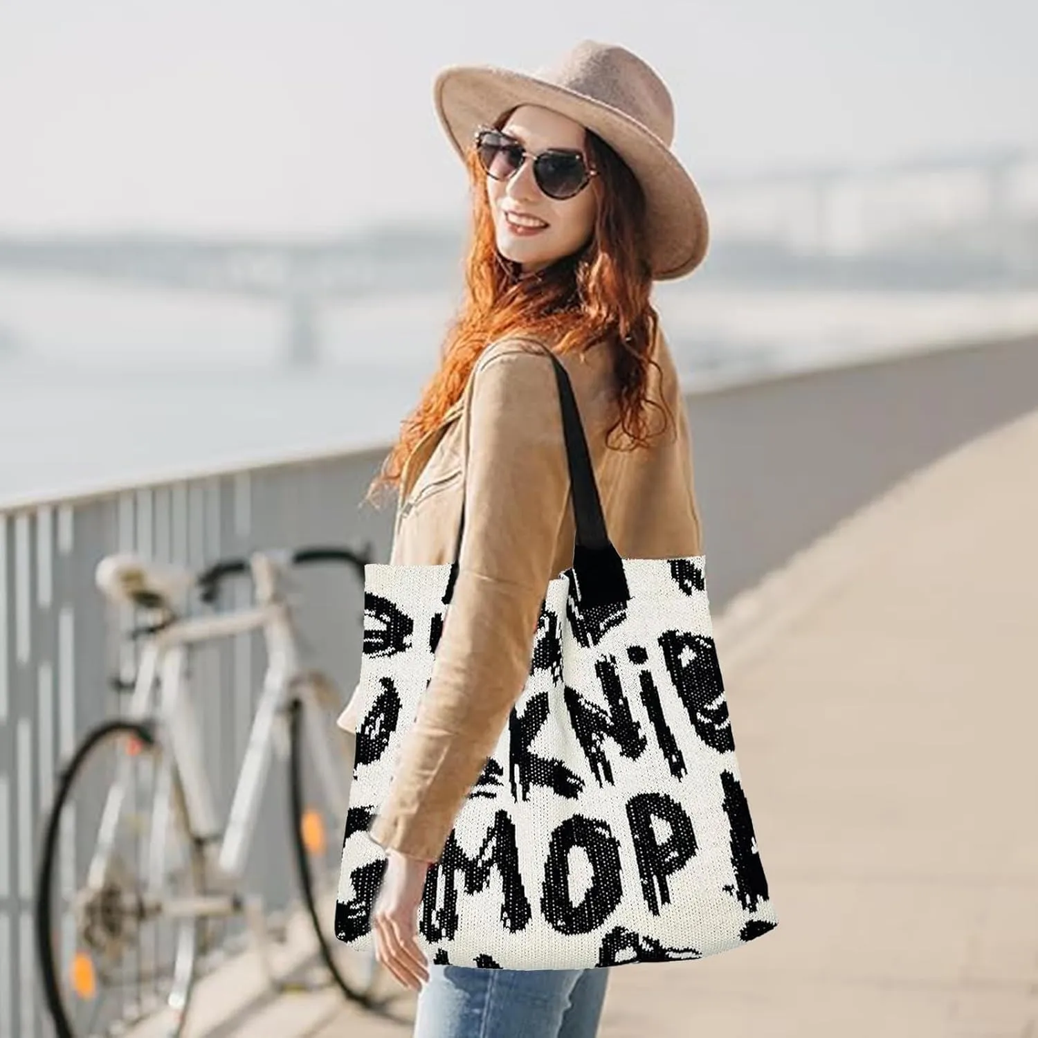 Alphabet Pattern Woven Canvas Beach Tote Bag
