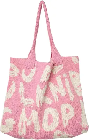 Alphabet Pattern Woven Canvas Beach Tote Bag