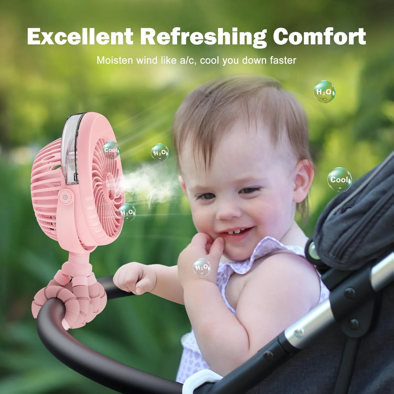 AMACOOL Portable Misting Stroller Fan, Rechargeable Mister Fan with Water Spray, 270°Pivoting, Flexible Tripod Clip on Mist Cooling Fans for Disney Travel Beach Outdoor Car Seat Treadmill Golf Cart