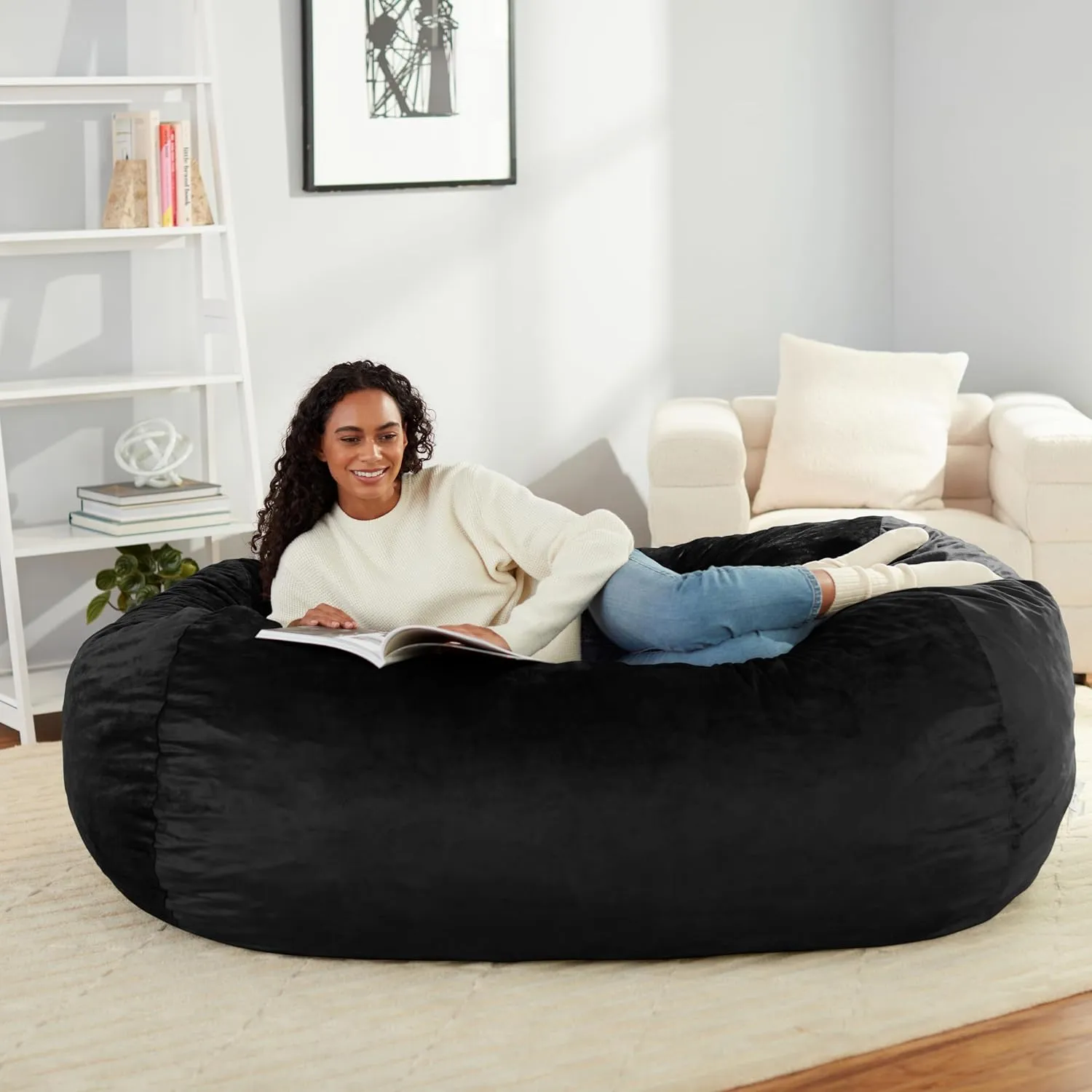 Amazon Basics Large Bean Bag Chairs for Adults, 6 ft Black Memory Foam Filled with Solid Microfiber Cover