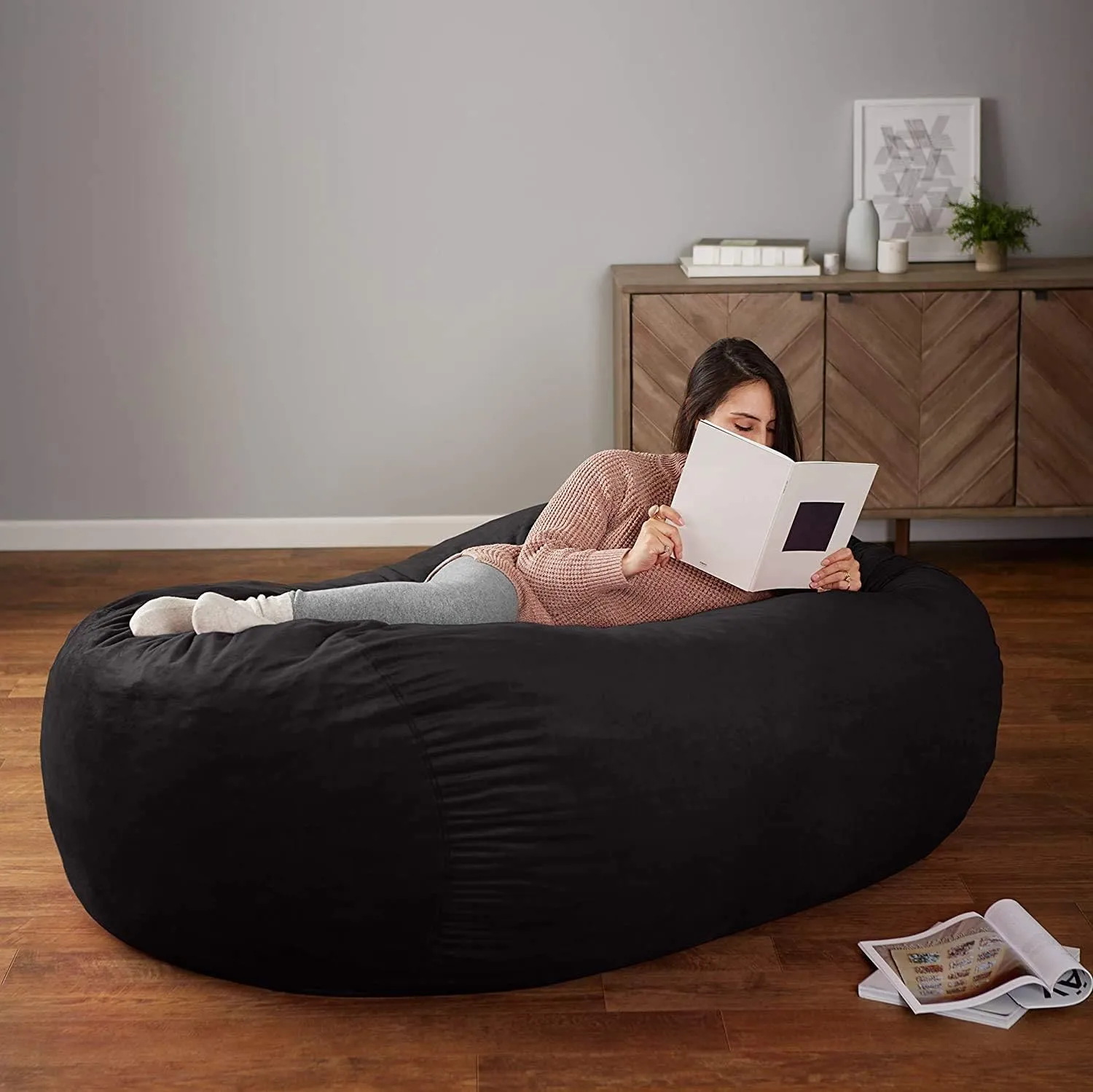 Amazon Basics Large Bean Bag Chairs for Adults, 6 ft Black Memory Foam Filled with Solid Microfiber Cover