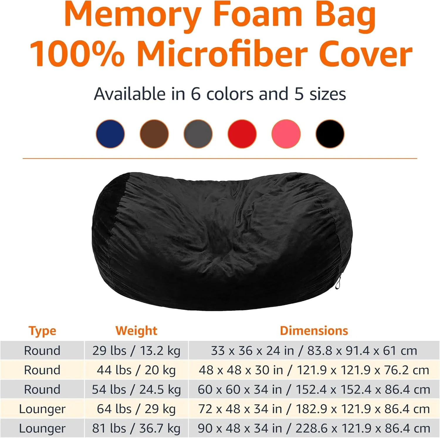Amazon Basics Large Bean Bag Chairs for Adults, 6 ft Black Memory Foam Filled with Solid Microfiber Cover
