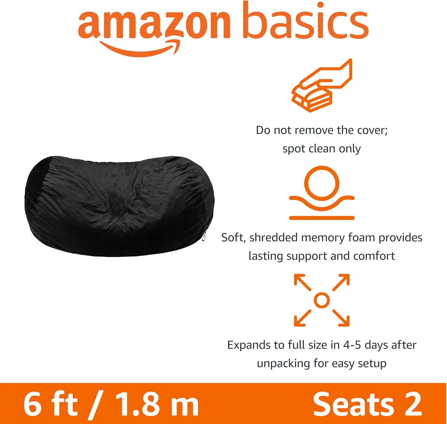 Amazon Basics Large Bean Bag Chairs for Adults, 6 ft Black Memory Foam Filled with Solid Microfiber Cover