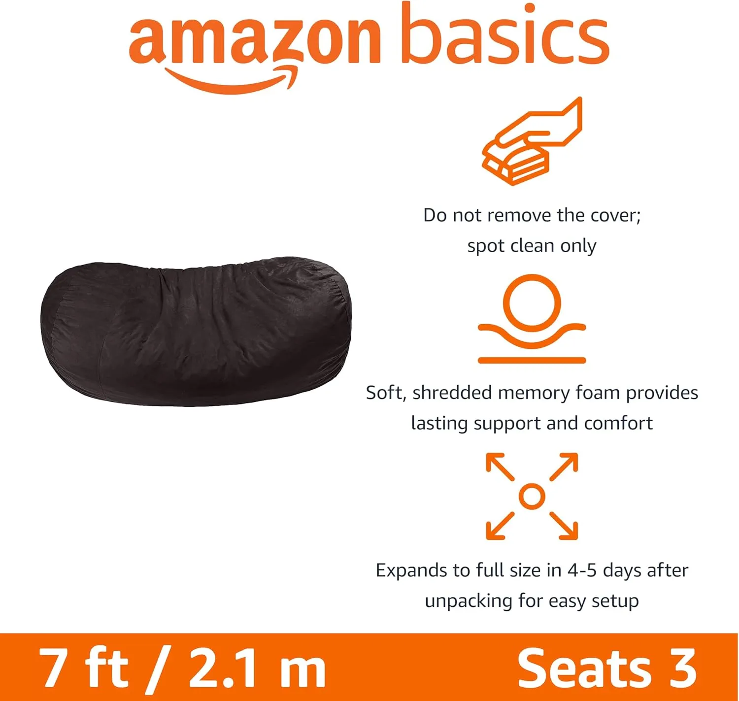 Amazon Basics Large Bean Bag Chairs for Adults, 7 ft Grey Memory Foam Filled with Solid Microfiber Cover