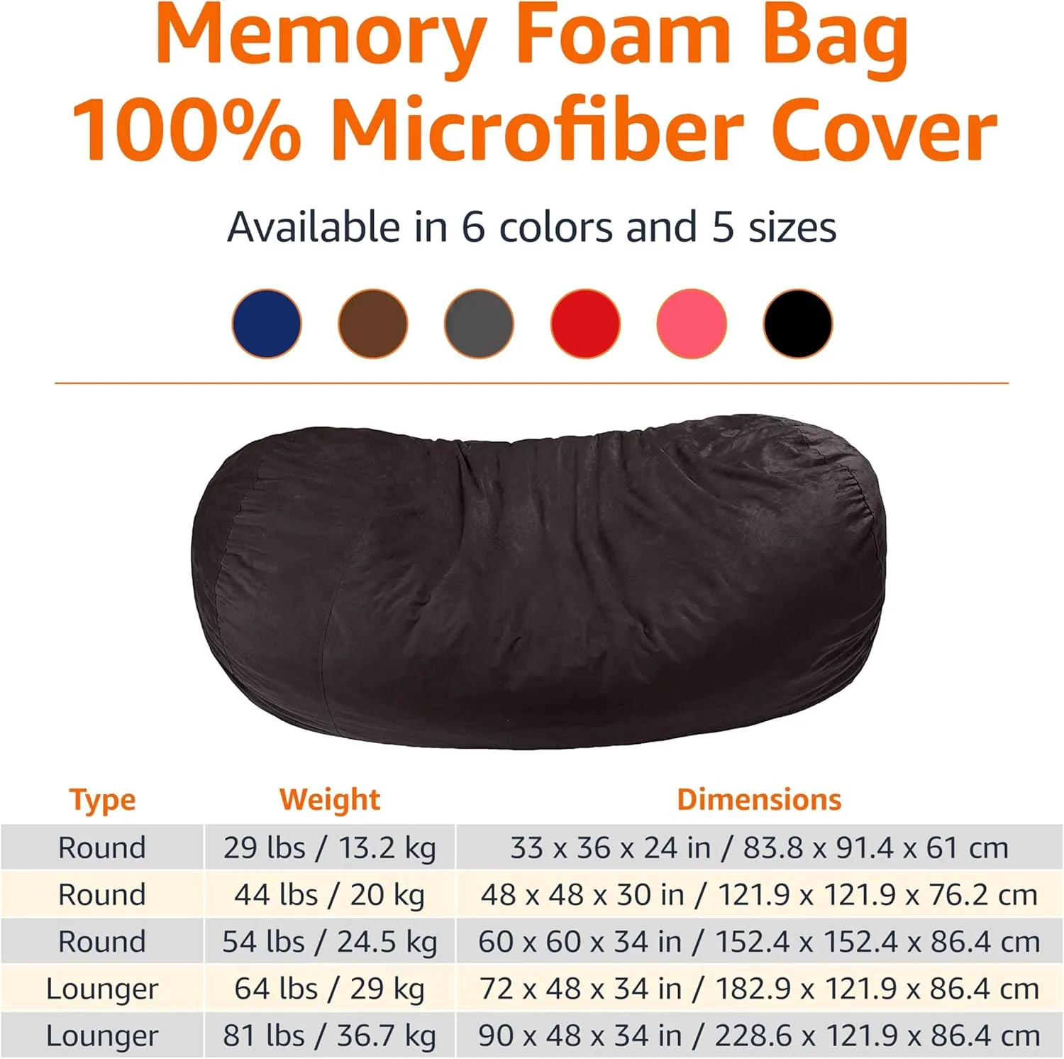 Amazon Basics Large Bean Bag Chairs for Adults, 7 ft Grey Memory Foam Filled with Solid Microfiber Cover