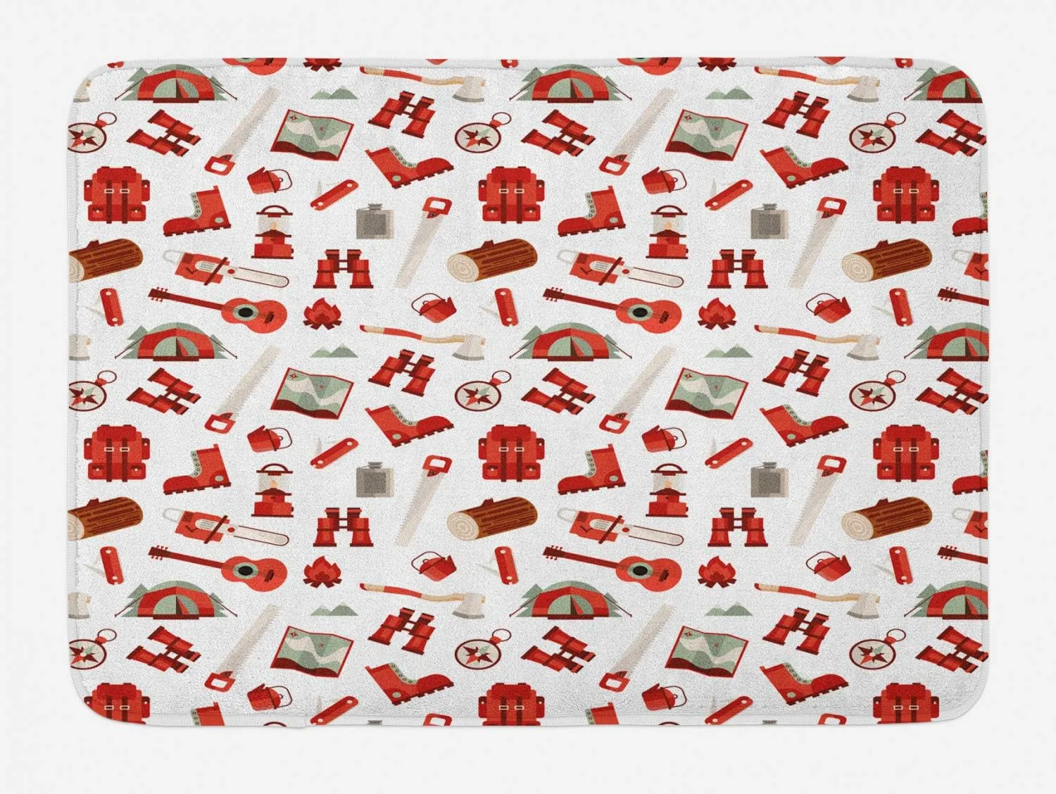 Ambesonne Camping Bath Mat, Lumberjack Elements from Outdoor Leisure Activities in Vinous Tones, Plush Bathroom Decor Mat with Non Slip Backing, 30.2" x 20", White Vermilion and Brown