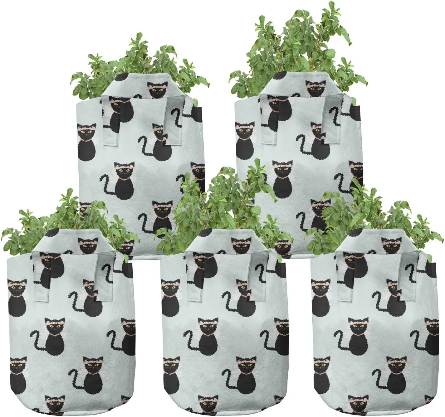Ambesonne Cat Grow Bags 5-Pack, Funny Bride Kitten Repetition, Heavyduty Fabric Pots with Handles for Plants, Pale Blue Charcoal Grey