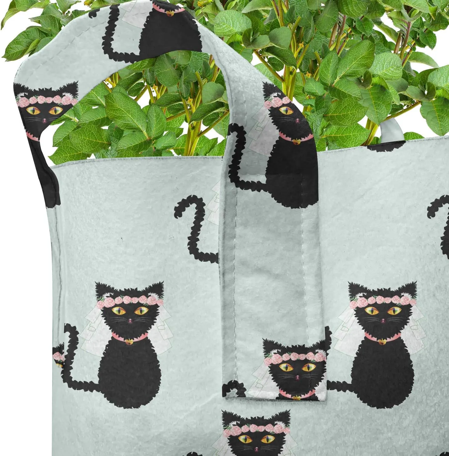 Ambesonne Cat Grow Bags 5-Pack, Funny Bride Kitten Repetition, Heavyduty Fabric Pots with Handles for Plants, Pale Blue Charcoal Grey