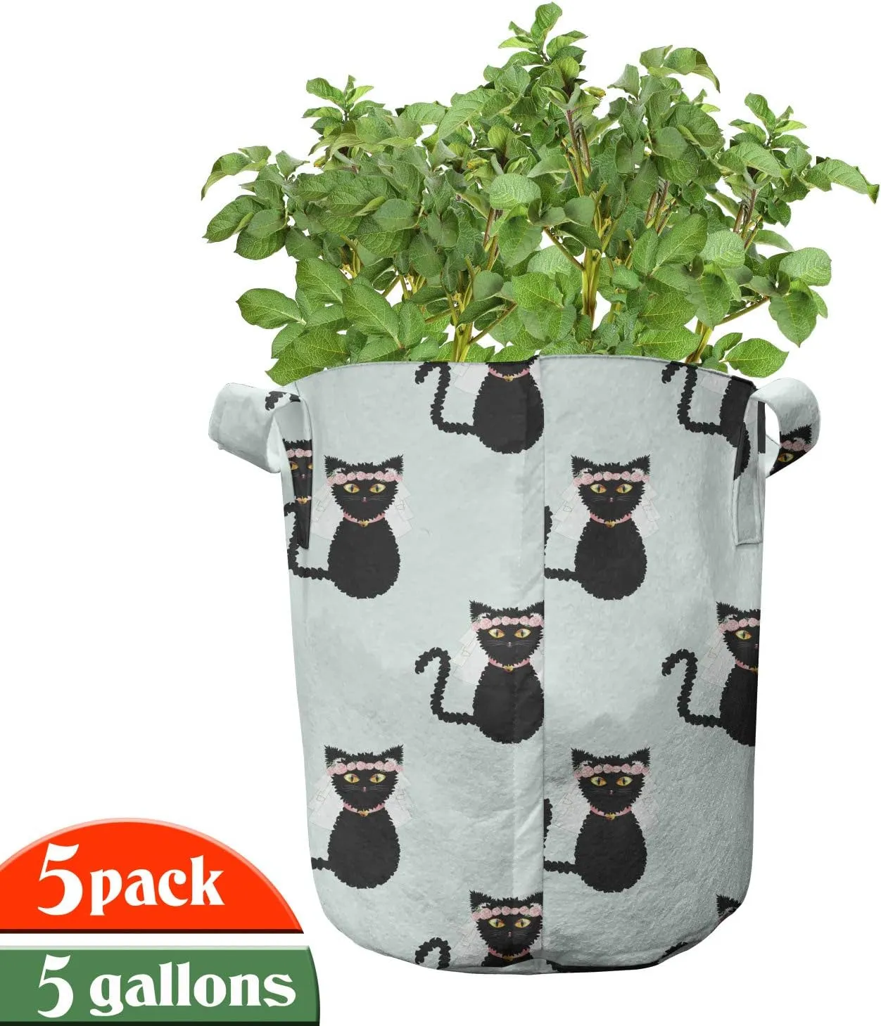 Ambesonne Cat Grow Bags 5-Pack, Funny Bride Kitten Repetition, Heavyduty Fabric Pots with Handles for Plants, Pale Blue Charcoal Grey